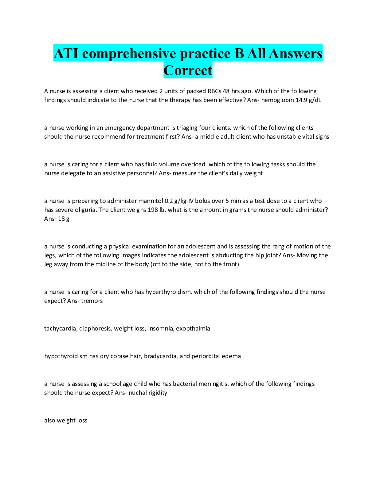 Preview image for ATI comprehensive practice B All Answers  Correct